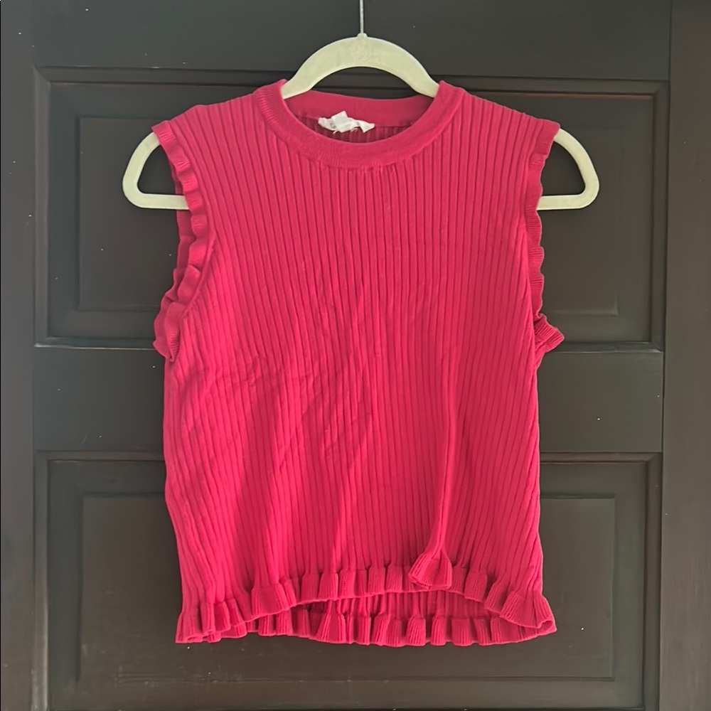 Pink Ribbed Knit Tank Top with Ruffled Hem